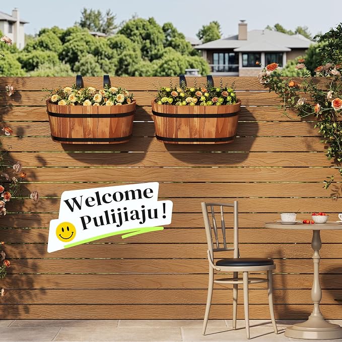 Railing Planters for Outdoor Plants Balcony Hanging Flower Pots with Detachable Hooks, Window Flower Box Hanging Bucket Pots Fence Planters for Garden Home Decor (Brown-2pack, Large)