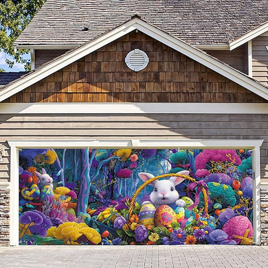6 * 13FT Easter Bunny Garage Door Cover Decorations Easter Garage Door Banner for Outdoor Indoor Easter Party Photography Backdrop