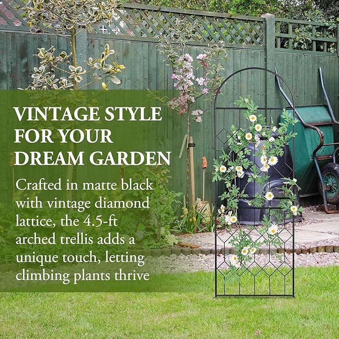 MyGift 4.5 ft Tall Arched Trellis with Matte Black Metal Wire Vintage Diamond Lattice, Geometric Shaped Outdoor Garden Support Frame for Climbing Plants and Crawling Vines