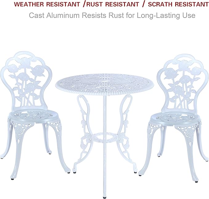 C/G 3-Piece Bistro Set - Outdoor Patio Table Set, Anti-Rust Cast Aluminum, White