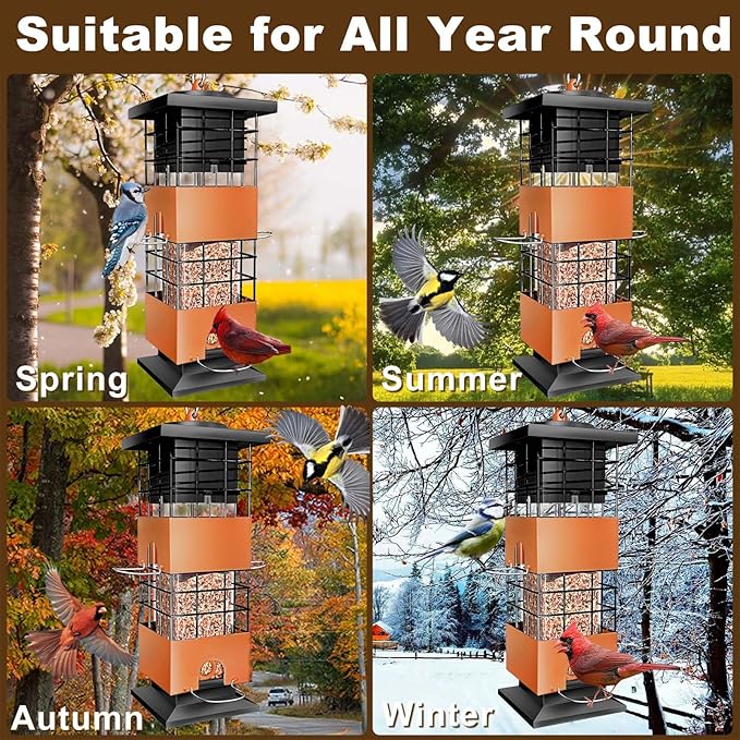 Squirrel Proof Bird Feeder for Outside, 3Lbs Metal Anti-Squirrel Bird Feeders for Outdoors, Weight-Activated Perches Hanging Wild Birdfeeder for Blue Jay, Cardinal (Brown)