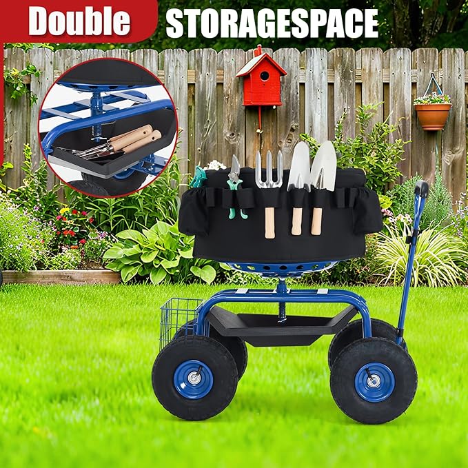 Garden Cart Rolling Workseat with Wheels, 360° Swivel Gardening Stool, Extendable Steering Handle & Utility Tool Tray, 10-Inch Inflatable Tires, Reinforced Steel Construction for Patio, Yard, Outdoor