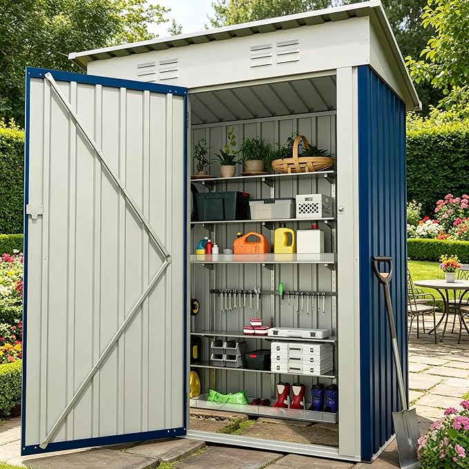 Outdoor Storage Shed, 5x3 ft Metal Tool Shed with Clear Window, 450CU.T Waterproof Garden Shed with Sloping Roof and Lockable Door, Compact Utility Shed for Backyard, Patio, Lawn
