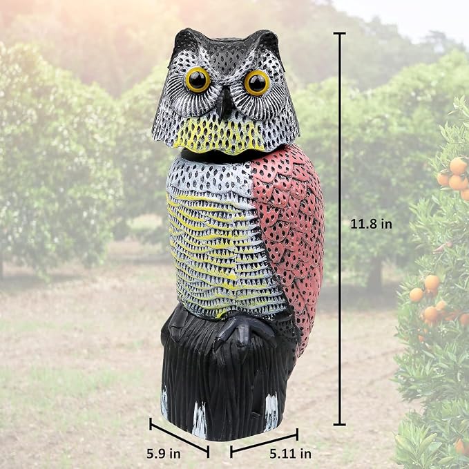 Owl Decoy to Scare Birds Away Scarecrow Fake Owl with Rotating Head 12 inch Tall (Set of 2)