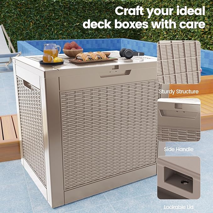 Zapdos Outdoor Storage Box, 31 Gallon Deck Box Indoor and Outdoor Use, Waterproof Resin Rattan Storage Bin for Package Storage Patio Cushions Gardening Tools, Lockable, Fade Resistant, Brown