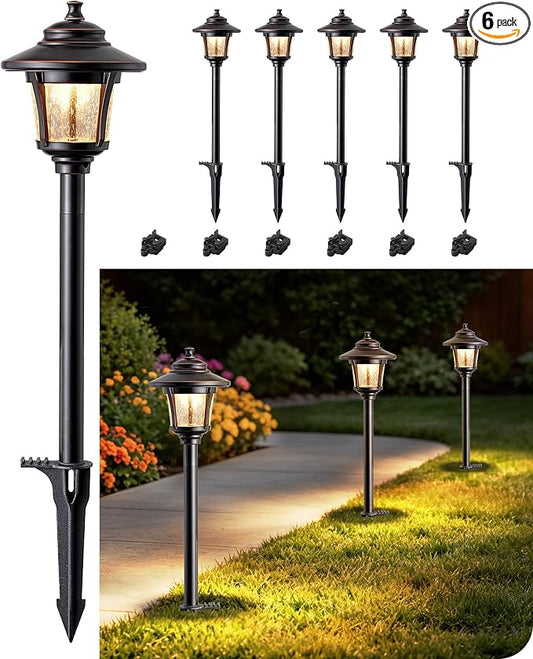EDISHINE Low Voltage Landscape Lights, 12V 3W 120LM 3000K Seed Glass Outdoor Landscape Path Lights with Connectors, ORB Waterproof Electric LED Pathway Light Wired for Walkway Garden Yard, 6 Pack
