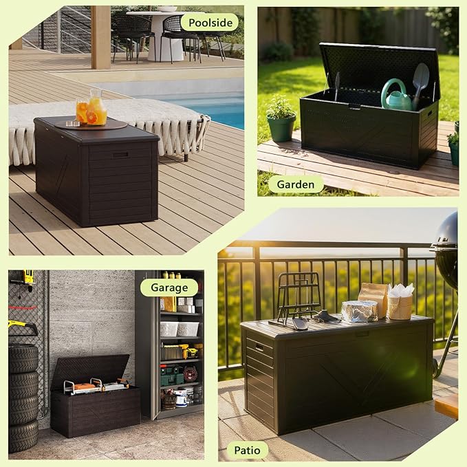 Outdoor Storage Deck Box Waterproof, 260 Gal Pro Large Lockable Patio Storage Bin Chest, Resin Outside Container Seat Bench for Furniture Cushions, Pool Accessories, Garden Tools & Delivery, Black