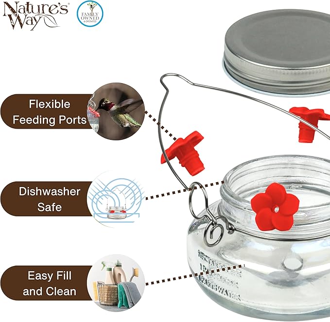 Nature’s Way Vintage Glass Jar Hanging Hummingbird Feeder, 6 oz Nectar Capacity, 4 Flexible Feeding Ports, Easy Clean Dish-Style Feeder for Outdoor Yard Décor, Clear