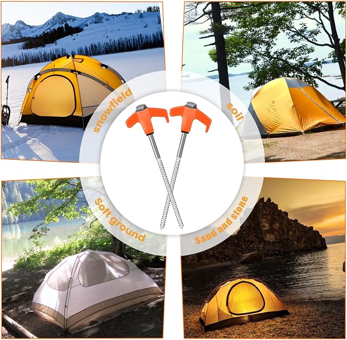 12 Pack 8" Screw in Tent Stakes Heavy Duty- Ground Anchors Screw- Tent Pegs Camping Stakes- Hex Pegs Drillable Tent Stakes and Hexagon Head Drive and Storage Box (Orange)