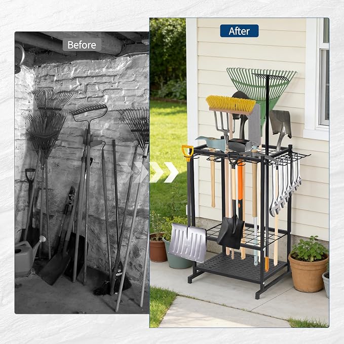 GarveeLife Garden Tool Organizer Rack, Heavy-Duty Yard Tool Organizer With 3 Shelves& Hooks, Freestanding Tool Organizers and Storage for Yard Shed and Lawn