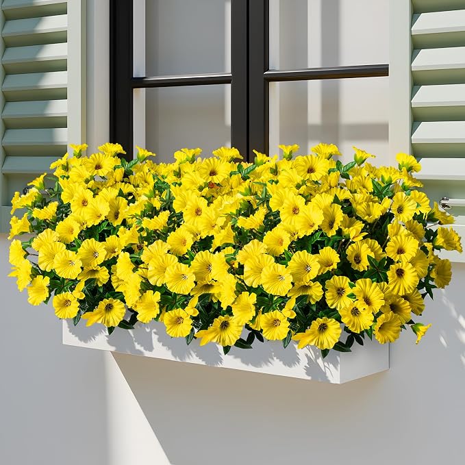Yellow Artificial Morning Glory Flowers for Outdoor Planters, Premium UV Resistant Silk Faux Flowers for Porch, Hanging Basket & Window Box, Spring Garden Decor, No Pot, 13.3 Inch, 8 Bundles