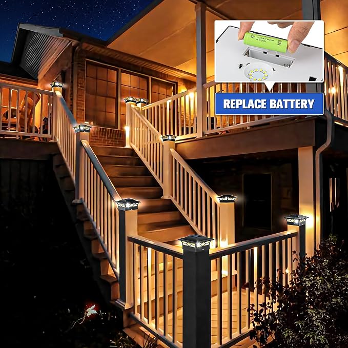 VOLISUN Solar Post Cap Lights: 6 - Pack Outdoor Deck Post Cap Lights Black for Dock Fence Waterproof 2 Color Modes,4x4/6x6 Wooden/Vinyl Posts