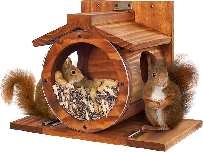 MIXUMON Wood Squirrel Feeder, Squirrel Feeders for Outside Winter, Wooden Chipmunk Feeder for Corn, Peanuts, Durable Box Easy to Fill with The Roof Can Be Opened
