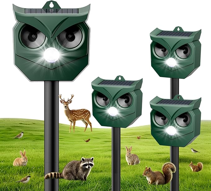 4 Pack Solar Ultrasonic Animal Repeller with Flashing LED Lights – Cat Deterrent Outdoor for Squirrels, Deer, Raccoons, Rabbits, Skunks, Dogs – Protects Garden, Yard, Lawn, Farm & Crops