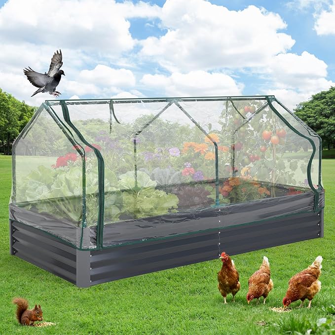 Garvee Galvanized Raised Garden Bed Large Rectangular Kit with Cover Zippered Screen Doors, Open Base Design, Thick Steel, Easy Assembly, Planter Box for Vegetables, Flowers