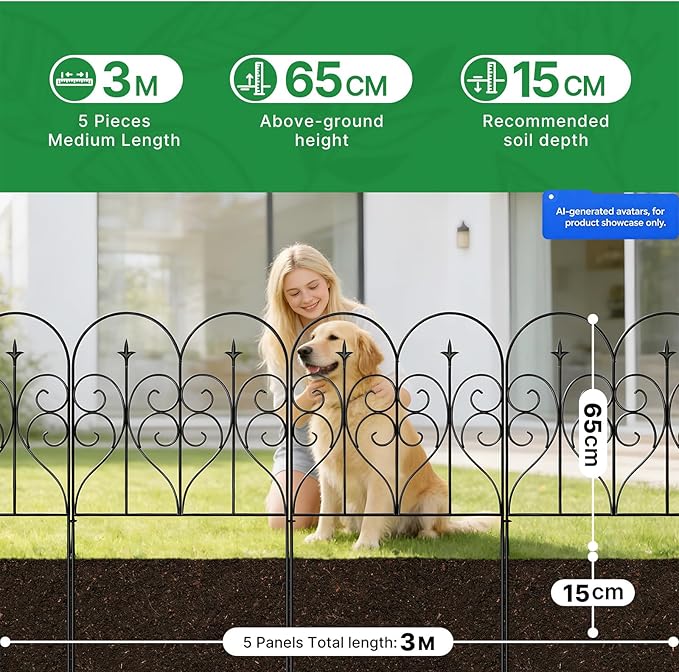 Thealyn Garden Fence 32" H x 10ft (5 Panels), No Digging Heavy Duty Metal Fence Panels, Rustproof Outdoor Dog Fence Animal Barrier, Decorative Fencing for Flower Bed, Yard, Landscape Edging