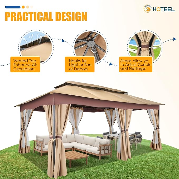 HOTEEL Gazebo 12x20, Outdoor Gazebo on Clearance with Double Ventilated Arc Roof, Privacy Curtains & Mosquito Netting, Easy Set up Canopy Tent with Stable Metal Frame for Patio Gazebo, Khaki