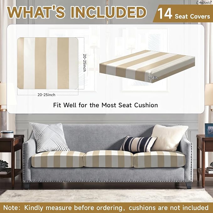CALBODE 14 Pcs Outdoor Seat Cushion Covers, Striped Stretch Chair Seat Cover for Patio Furniture Cushions Washable Reusable Indoor and Outdoor Couch Cover Replacement (Light Brown, Cover Only)