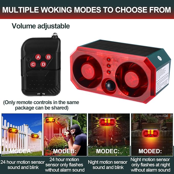 Qualirey 6 Pcs Solar Outdoor Motion Sensor Alarm Motion Sensor Animal Deterrent Dog Barking Alarm 13 Sound 130dB Loud Noise Maker 4 Mode with USB Remote Control Support Recording Volume Adjustment