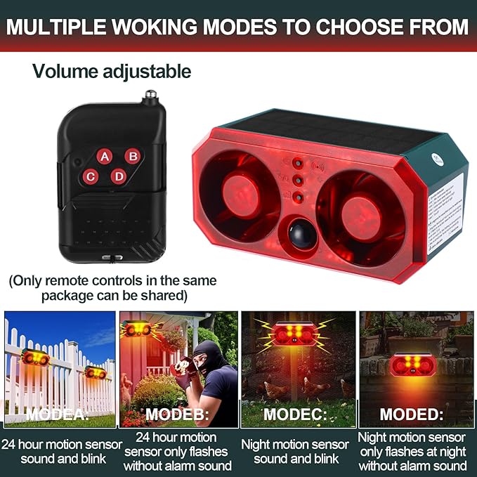 Qualirey 2 Pcs Solar Outdoor Motion Sensor Alarm Motion Sensor Animal Deterrent Dog Barking Alarm 13 Sound 130dB Loud Noise Maker 4 Mode with USB Remote Control Support Recording Volume Adjustment