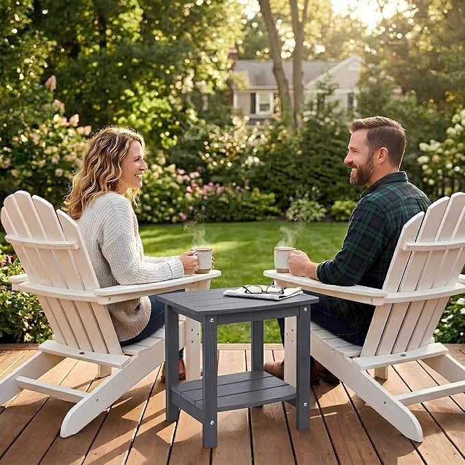 Y&M Outdoor Side Table, HIPS Adirondack Small Double Layer Table, Waterproof Square Balcony Modern End Tables for Patio, Pool, Beach, Porch, Deck, Indoor or Outdoor Use, Dark Gray