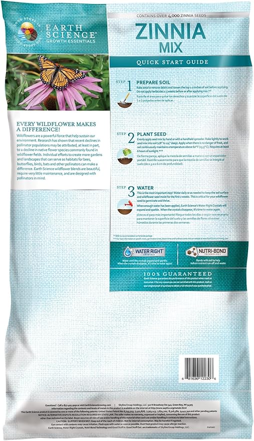 Earth Science Zinnia Wildflower Mix for 2026—6lb – 3-in-1 Seeds Plant Food & Soil Conditioner – Non-GMO Vibrant Flowers for Gardens Low Maintenance Attracts Pollinators – Covers 600 Sq Ft Eco-Friendly