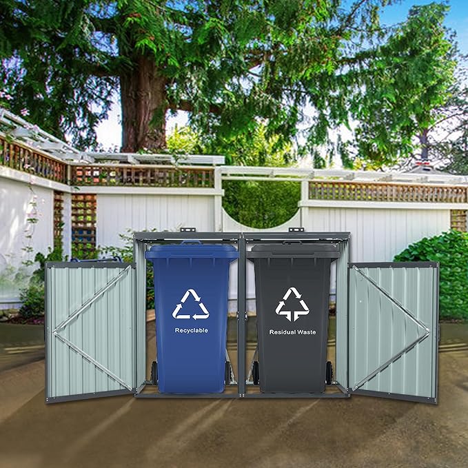 62.99" Metal Garbage Bin Shed Stores with Ventilated and Lockable,Patio Furniture 2 Trash Cans Outdoor Sheds w/Rust-Proof & Scratch- Resistant,for Garden Yard Lawn,Black