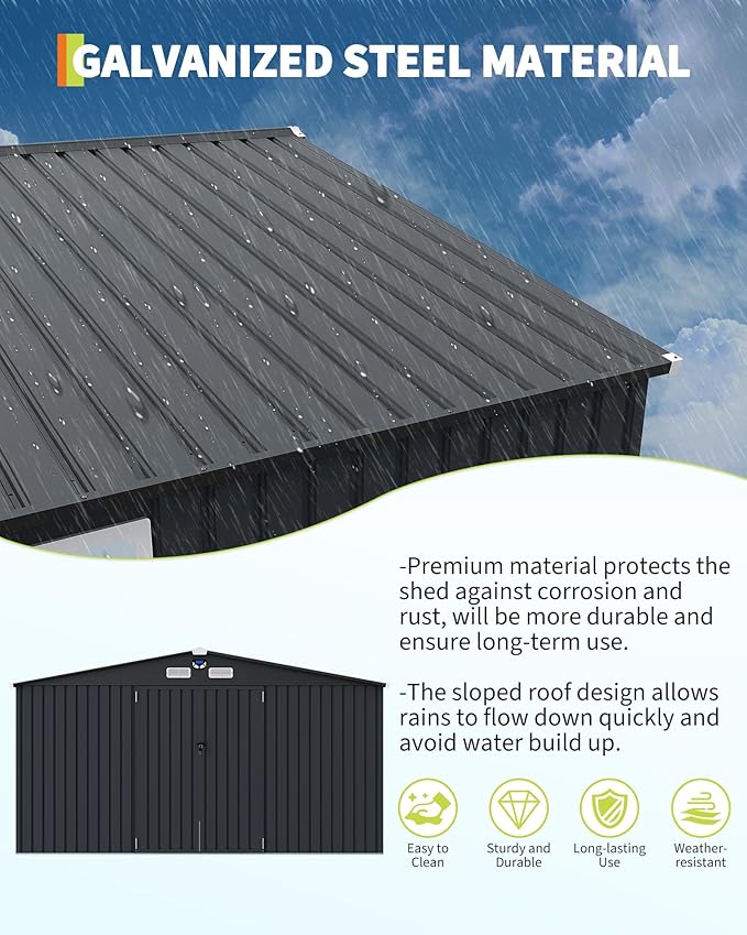 Garvee 10x12 ft Heavy-Duty Metal Storage Shed with Lockable Door & Windows - Galvanized Steel Outdoor Utility Shed with Sloped Roof for Backyard, Garden, Garage, and Patio, Dark Gray