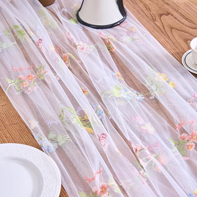 vctops 2 Packs Embroidery Lace Spring Table Runner 10ft Floral Garden Seasonal Tulle Table Runner Holiday Kitchen Dining Table Decoration for Wedding Party Baby Shower Birthday (White,30"x120")