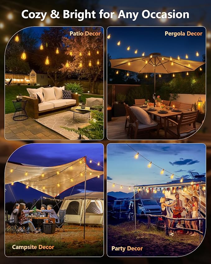 Brightown 37FT Solar String Lights Outdoor Waterproof with Remote, 10+1 LED Shatterproof Bulbs, Dimmable & Timable, 3 Light Modes - Commercial Grade Patio Lights for Garden Backyard Party Decor