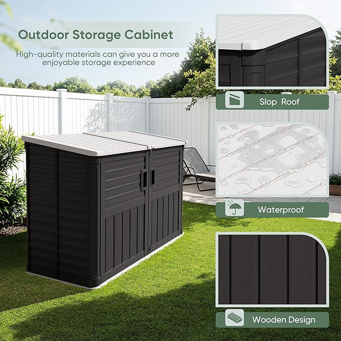 Devoko Resin Outdoor Storage Shed, 34 Cu Ft Outdoor Storage Cabinet Without Shelf, Waterproof, Double Locks, Resin Storage for Trash Can, Garden Tools, Pool Supplies (Black)