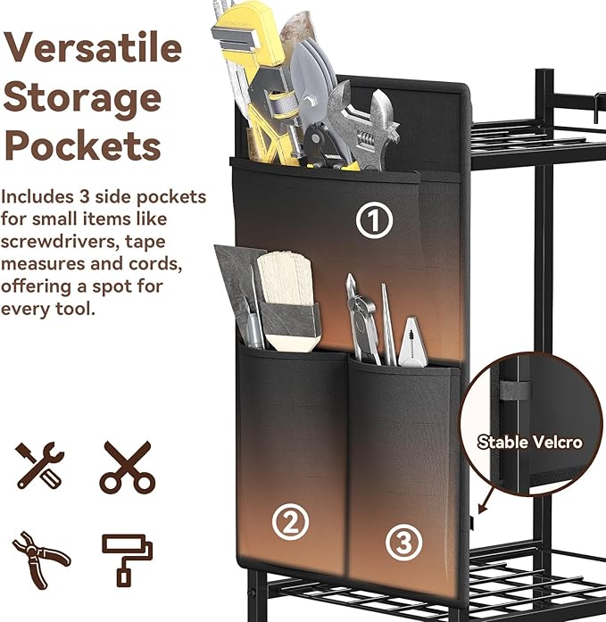 Garden Tool Organizer, Yard Tool Holder Rack with Hooks and Pockets, Rolling Heavy Duty Metal Garage Tool Storage Cart for Outdoor, Black
