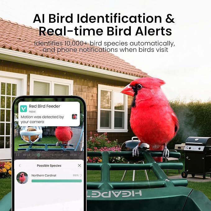 HEAPETS Bird Feeder with Camera Solar Powered, 4K UHD Video, AI Bird Recognition, Auto Capture with Instant Notifications, IP65 Weatherproof, Gifts for Seniors Bird Watchers, Brown