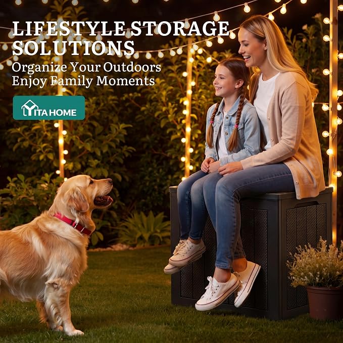 YITAHOME 32 Gallon Outdoor Deck Box, Waterproof Storage Box with Lockable Lid & Side, Resin Storage Container for Patio Furniture, Pool Accessories, Cushions, Garden Tools Equipment(Black)