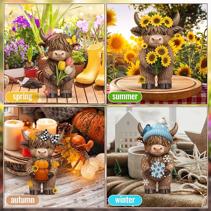 Simgoing 4 Pcs Seasonal Highland Cow Figurines, Spring Summer Fall Winter Gnomes 4 Seasons Highland Cow Home Decor Table Centerpieces Scottish Resin Statue Calf Gifts for Home Garden Kitchen Office