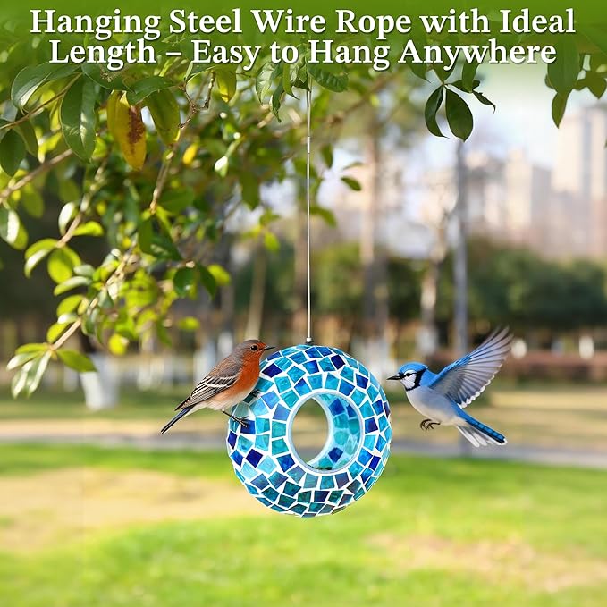 SAVENNA Mosaic Glass Hanging Bird Feeder, 6.3 Inch Handcrafted Outdoor Feeder with Steel Wire Rope, Decorative Garden & Patio Feeder for Wild Birds, Blue Mosaic Design