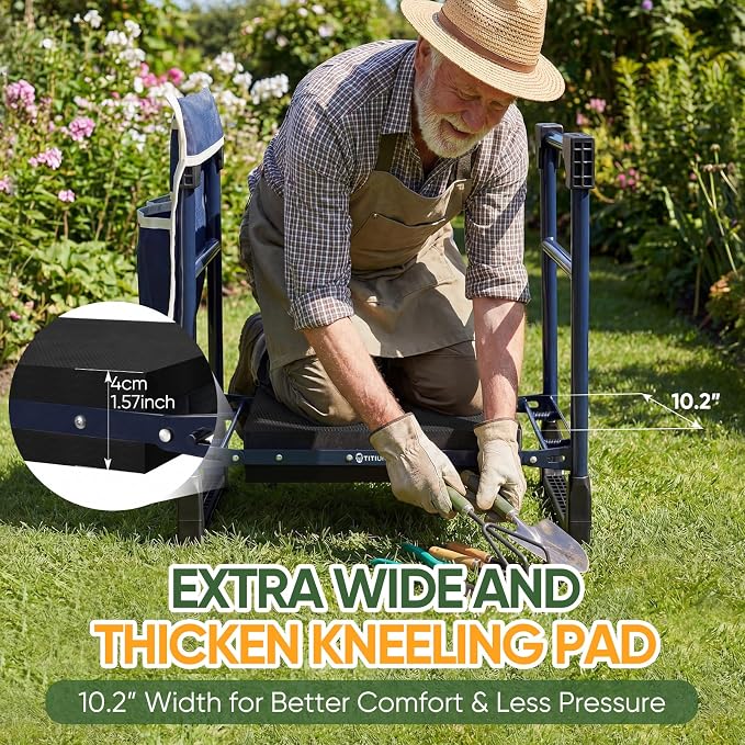 Garden Kneeler and Seat, Heavy Duty Anti-Tip Foldable Gardening Stool Bench Kneeler with Widened Thicken Kneeling Pad & Tool Bag, Gardening Gifts for Seniors, Gardeners, Women, Men, Fathers