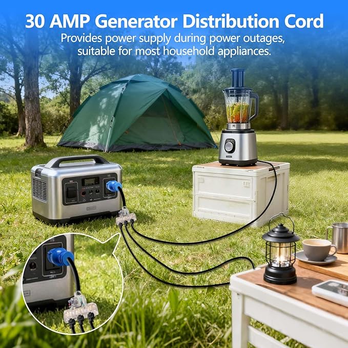 30 Amp to 20 Amp Generator Adapter, 3 Prong NEMA L5-30P Male to 3X 5-20 Female, Distribution Locking Cord with Circuit Breaker, 12/3 Guage Household Adapter, 1.5FT, ETL Listed