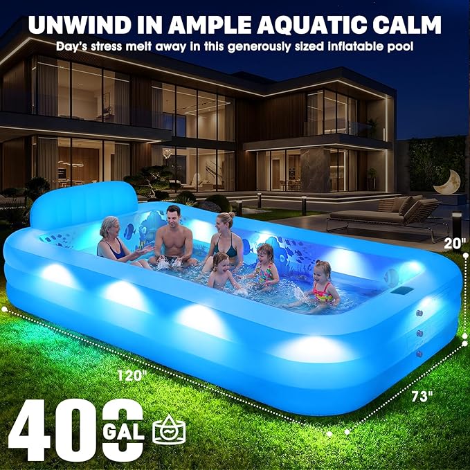 Extra Large Inflatable Pool With Lights,Upgraded Solar Powered Blow Up Pool For Adults,Inflatable Kids Swimming Pool with Seat& Backrest,Big Inflatable Kids Pool For Backyard,120x73x20IN-White