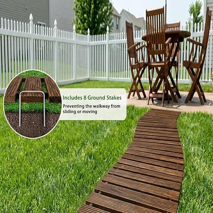 Wooden Garden Pathway Outdoor Walkway - 8 FT Roll Out Outdoor Pathway with Ground Stakes, Boardwalk Pavers for Outside Walkway, Non-Slip Garden Path for Backyard Decor, Lawn Landscaping, Brown