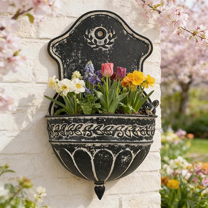 Vintage Rustic Wall Planter Distressed Decor Iron Hanging Plant Basket Shabby Metal Wall Mounted Flower Holder Pot Stand for Indoor Outdoor Home Balcony Patio Farmhouse Garden Decorative Bird Black