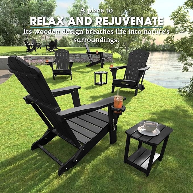 THOEOE Folding Adirondack Chair Set of 4,HDPE All-Weather Outdoor Chair with Cup Holder,Wooden Textured,Fire Pit Chair,Plastic Patio Chair for Deck,Backyard,Garden,Lawn, Black