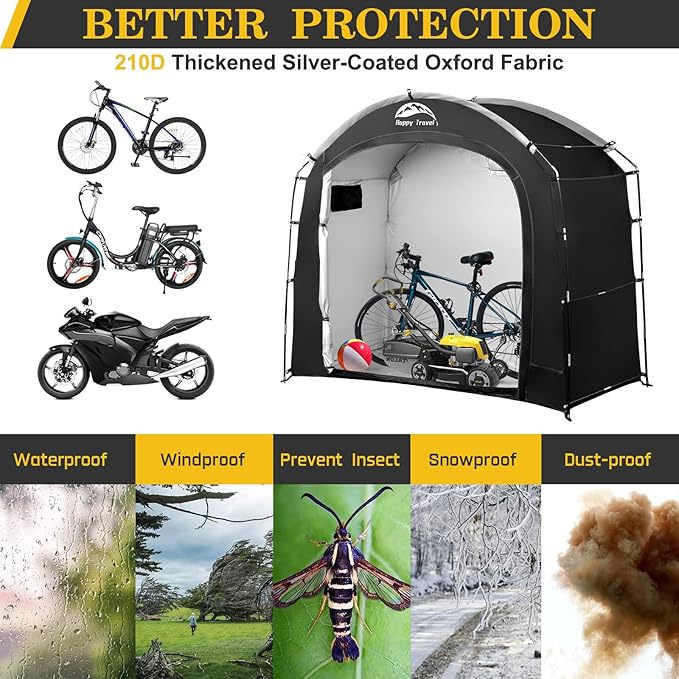 Happy Travel Bike Storage Shed Tent, Waterproof Portable Bicycle Cover with 30% More Top Storage Space for 2/3/4/8 Bikes,Clips Easy Setup Outdoor Sheds Shelter for Motorcycle, Garden Tools, Lawn Mower
