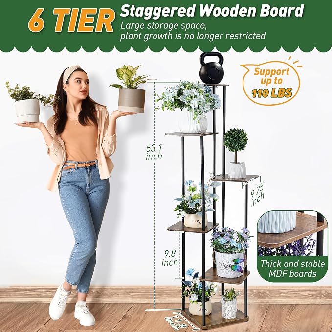 Dreyoo Plant Stand with Grow Light Indoor, 6 Tier 6 Potted Sturdy Metal Plant Shelf, Multiple Plant Holder Tall Plant Ladder for Display Plant Flower Corner Living Room Office (Black, Brown)