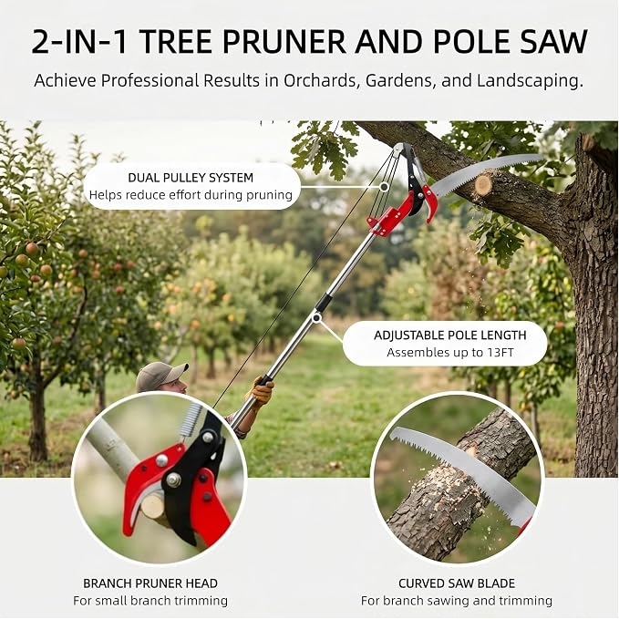 Manual Pole Saw for Tree Trimming, 13.7 Ft Extendable 2-in-1 Tree Pruner with Scissor and Steel Blade, Adjustable Long Handle Branch Cutter Pole Pruner and Pruning Saw for Yard Garden Patio