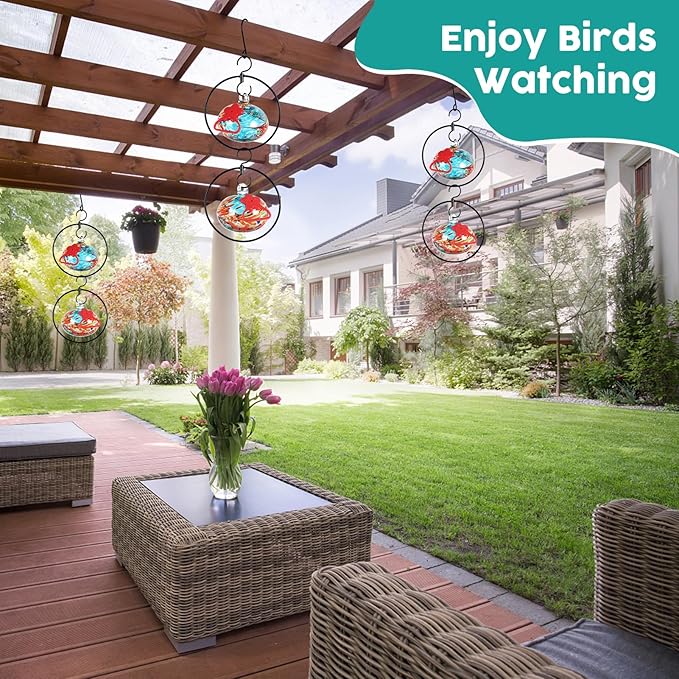 Headak Life Flexible 6-Circular Hummingbird feeders for Outdoors Hanging Ant and Bee Proof,Hand Blown Glass Hummingbird Feeder with 6 Adjustable Silicone Perch(Blue)