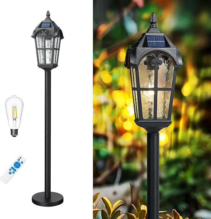 Emliviar Solar Pathway Light with Water Grain Glass Shade, 46 Inch Classic Post Lamp with Round Base in Black Finish, Portable Floor Lamp for Outdoor Travel, LED Bulb Included, YXE302PL-ML SL BK
