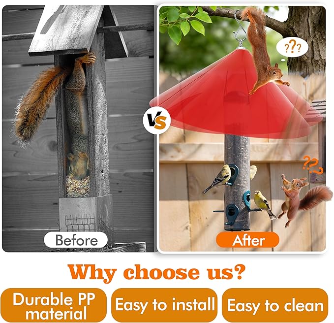 Hanging Squirrel Baffle for Bird Feeders,19-Inch Rain Cover for Feeder Pole,Squirrel-Proofs for Outside Shepherd's Hooks,Large Baffle for Hummingbird Feeder (Clear Red)