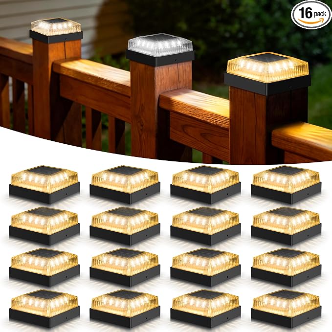 Solar Post Cap Lights, 16-Pack Fence Post Solar Lights for 4x4 Wood/Vinyl Posts, IP65 Waterproof, 10-12 Hours of Illumination with 3 Lighting Modes for Garden/Patio/Porch - Black