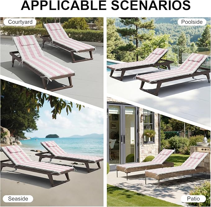 Crestlive Products Chaise Lounge Cushion Outdoor Set of 2, Waterproof Foldable Pool Lounge Chair Cushions with Straps 80''Lx26''W, Lounger Cushions for Outdoor Furniture, Patio, Pink Stripe